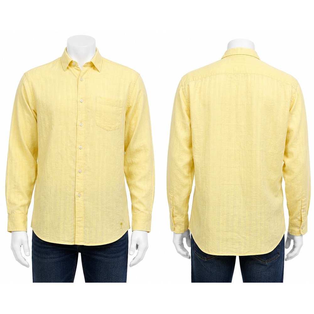 Tommy Bahama Men's L 100% Linen Yellow Long Sleeve‎ Button Front Shirt Palm Logo
